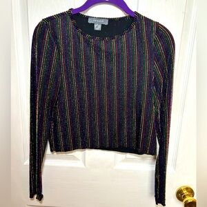 Primark Crop Top Long Sleeve Black Rainbow Stripes Sparkly